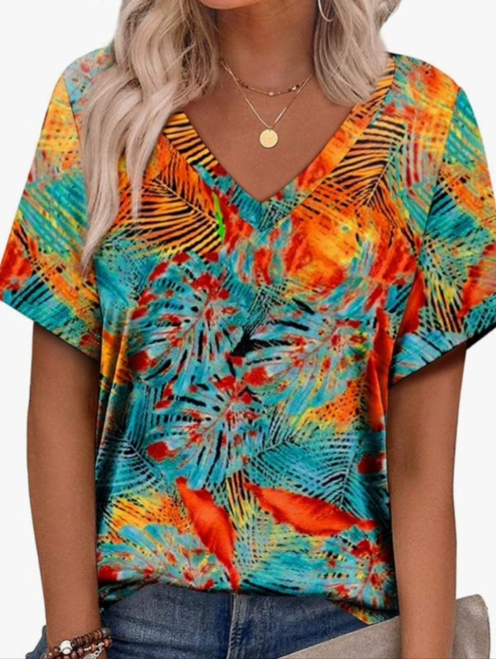 Tropical V-Neck Short Sleeve Tee in Turquoise & Orange